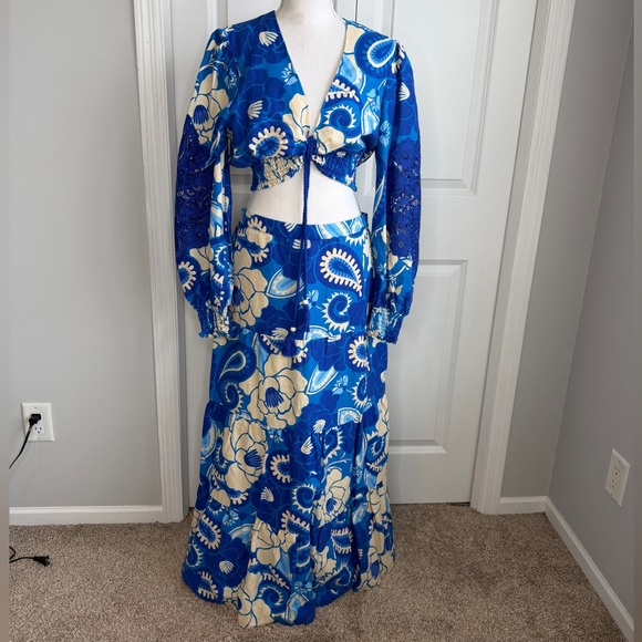 House of Harlowe 1960 Blue Cream Floral Paisley Repeat Top Maxi Skirt Set Linen - Picture 2 of 15